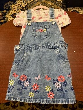 Denim Floral Embroidered Girls' Pinafore Dress - Blue